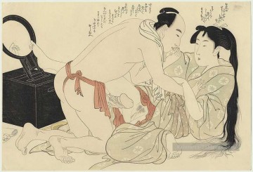 Un homme interrompt la femme peignant ses cheveux longs Kitagawa Utamaro sexuel Peinture à l'huile